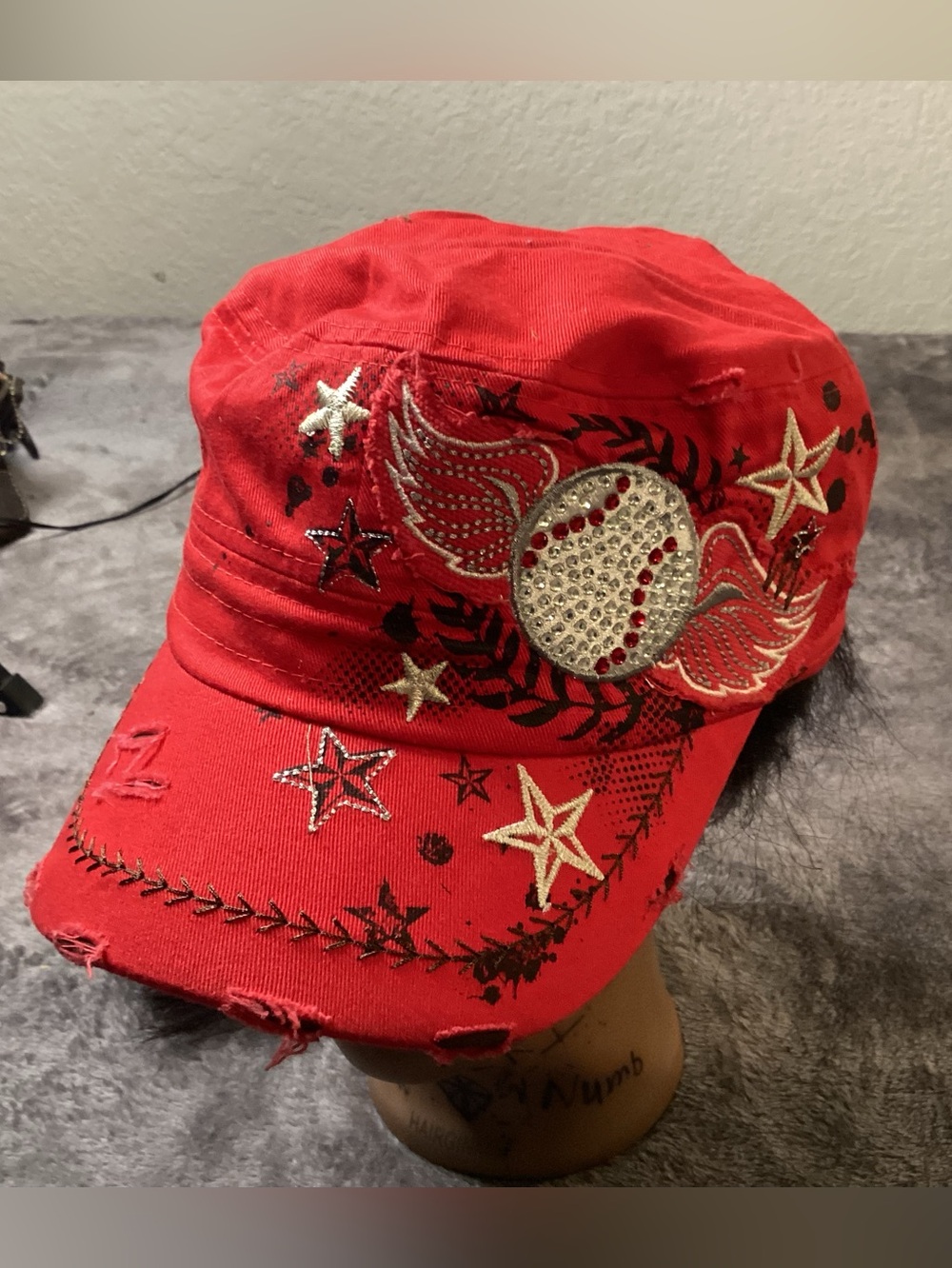 Embellished Blue Baseball Cap with Rhinestone Baseball & Stars